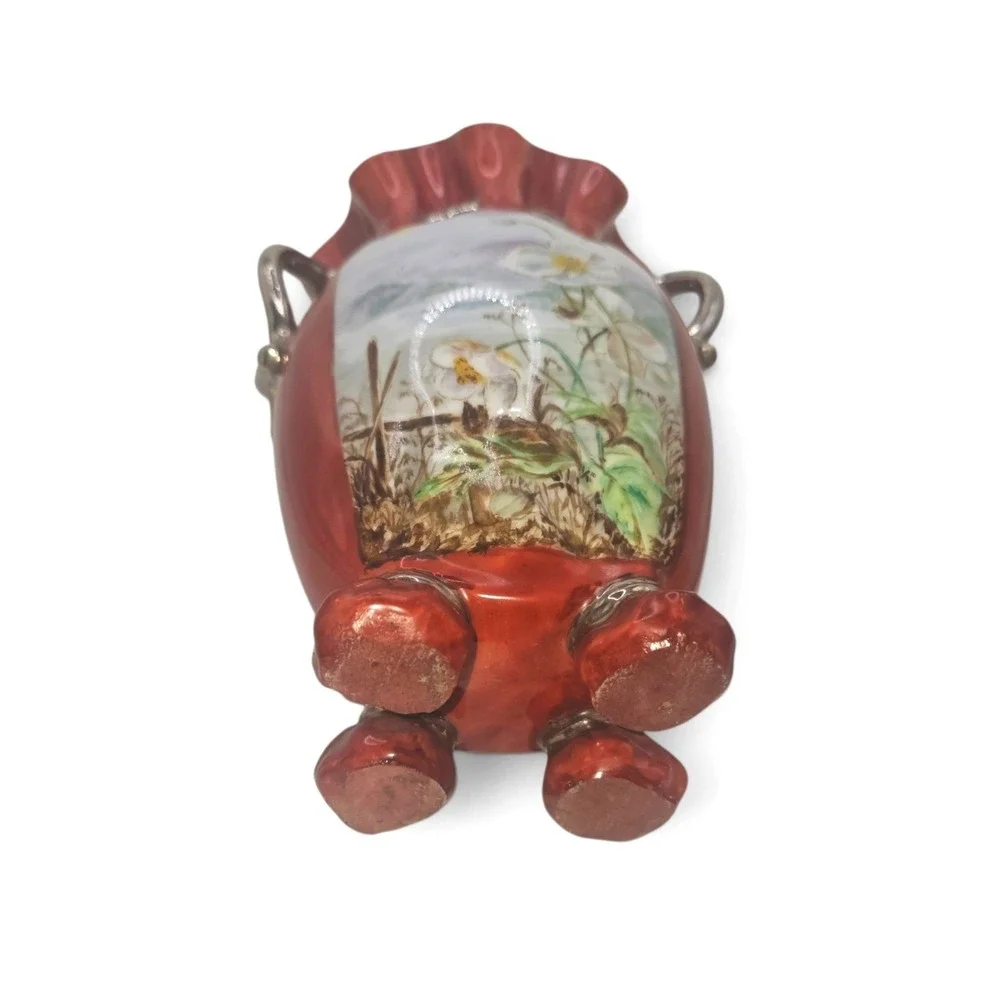 Antique Prussia Depon Style Handmade Ceramic Handpainted Floral Vase Red Silver